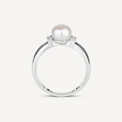 Sterling Silver Pearl and Cubic Zirconia Split Shoulder Ring