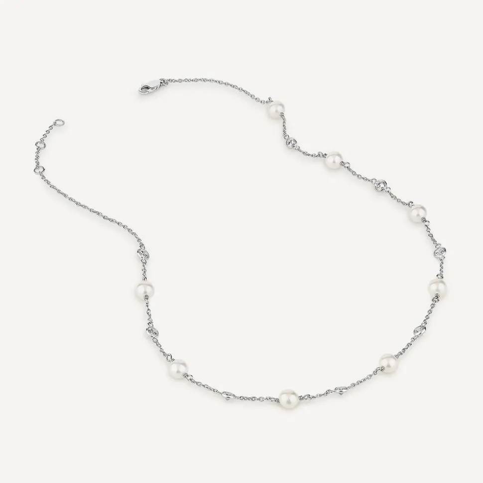 Sterling Silver Pearl and Rubover Cubic Zirconia Chain Necklet