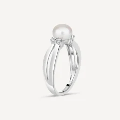 Sterling Silver Pearl and Cubic Zirconia Split Shoulder Ring