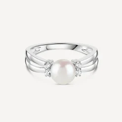 Sterling Silver Pearl and Cubic Zirconia Split Shoulder Ring