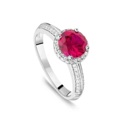 Sterling Silver Red Centre Stone & Cubic Zirconia Shoulders Ring