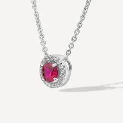 Sterling Silver Red Centre Stone & Cubic Zirconia Halo Pendant