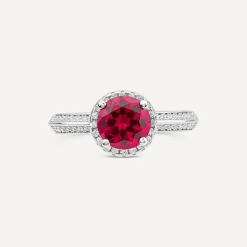 Sterling Silver Red Centre Stone & Cubic Zirconia Shoulders Ring