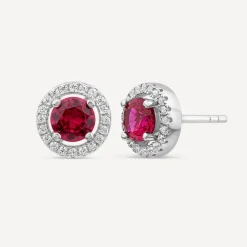 Sterling Silver Red Centre Stone & Cubic Zirconia Halo Stud Earrings