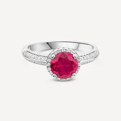 Sterling Silver Red Centre Stone & Cubic Zirconia Shoulders Ring