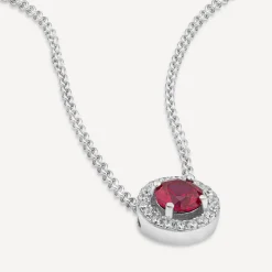 Sterling Silver Red Centre Stone & Cubic Zirconia Halo Pendant