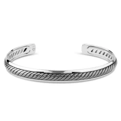 Sterling Silver Rhodium Plated 7.2mm Mens Twist Cuff Bangle