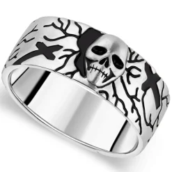 Sterling Silver Rhodium Plated 9.3mm Skull and Cross Men's Ring