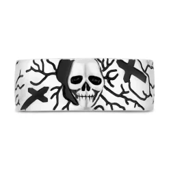 Sterling Silver Rhodium Plated 9.3mm Skull and Cross Men's Ring