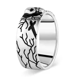 Sterling Silver Rhodium Plated 9.3mm Skull and Cross Men's Ring