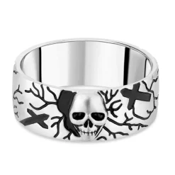 Sterling Silver Rhodium Plated 9.3mm Skull and Cross Men's Ring