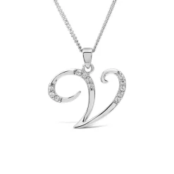 Sterling Silver Script Cubic Zirconia Initial V Pendant