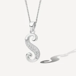 Sterling Silver Script Cubic Zirconia Initial S Pendant