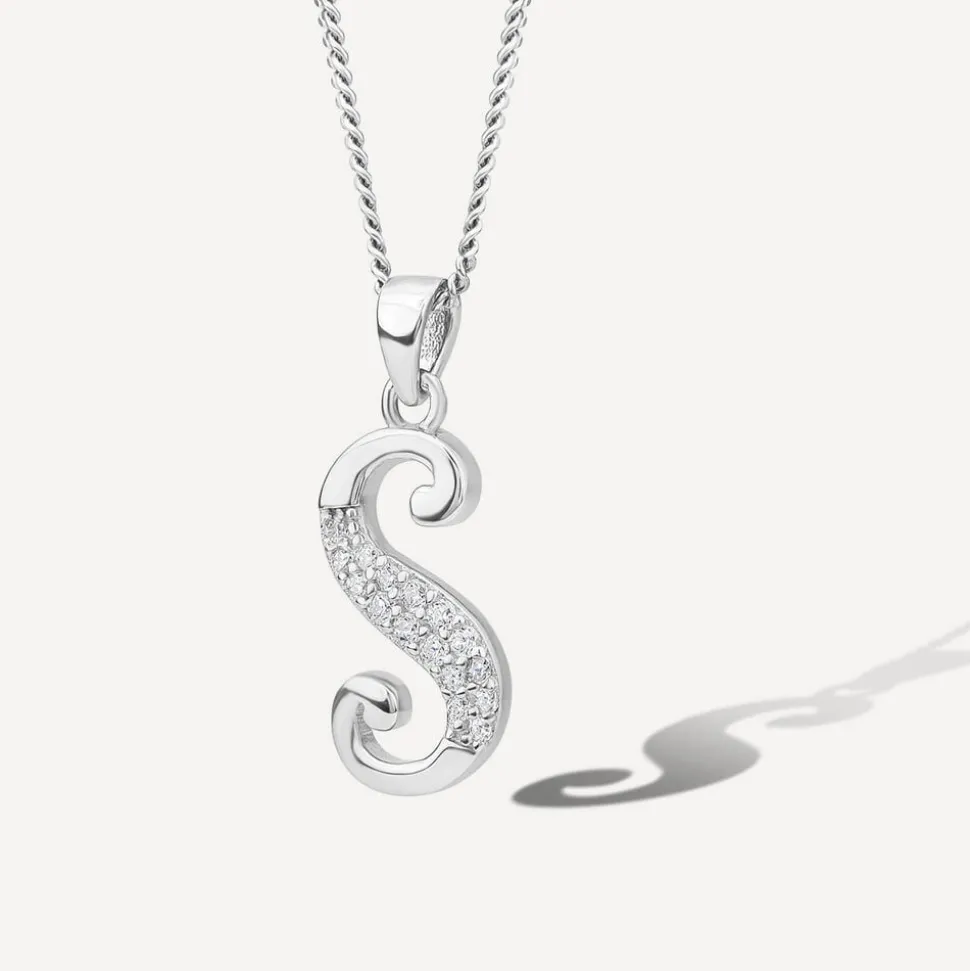 Sterling Silver Script Cubic Zirconia Initial S Pendant