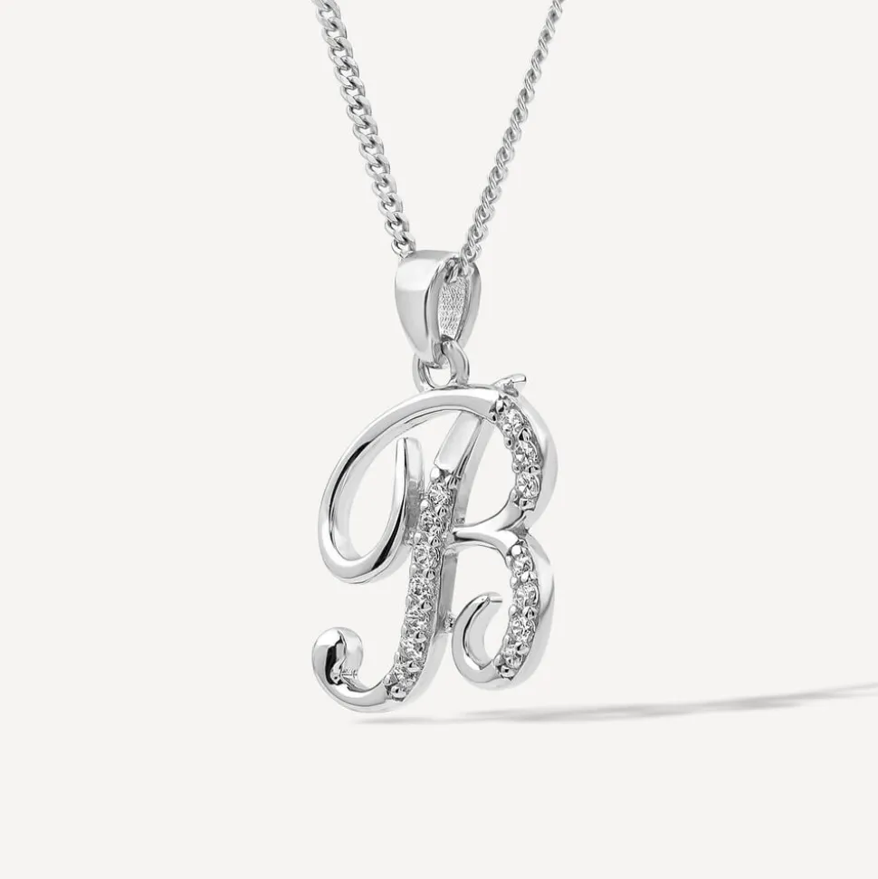 Sterling Silver Script Cubic Zirconia Initial B Pendant