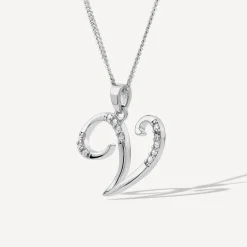 Sterling Silver Script Cubic Zirconia Initial V Pendant