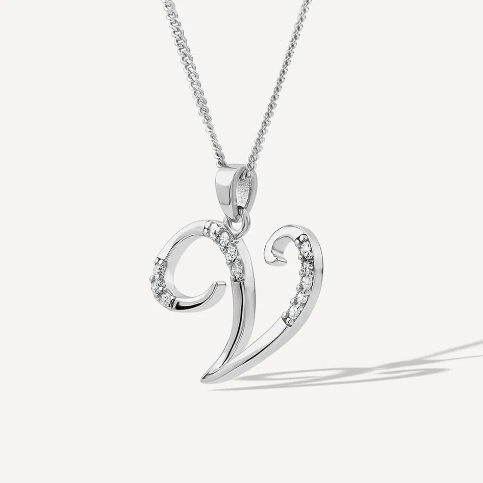 Sterling Silver Script Cubic Zirconia Initial V Pendant