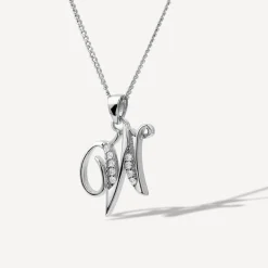 Sterling Silver Script Cubic Zirconia Initial W Pendant