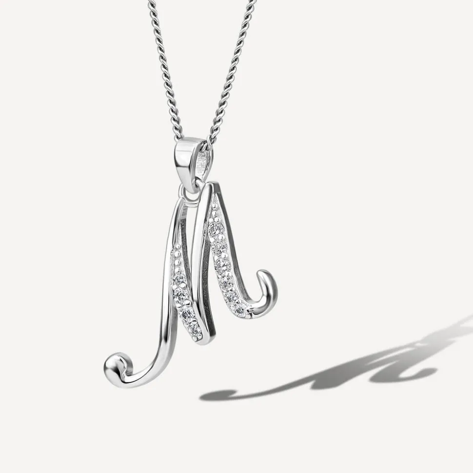 Sterling Silver Script Cubic Zirconia Initial M Pendant