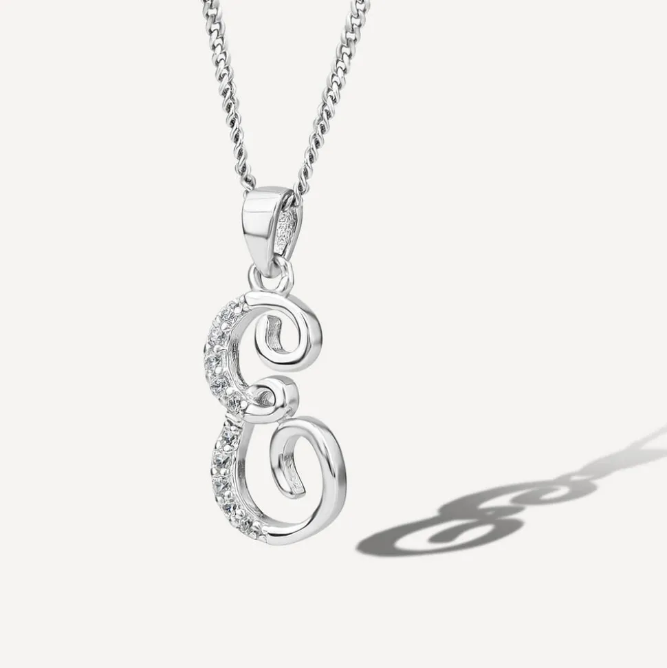Sterling Silver Script Cubic Zirconia Initial E Pendant