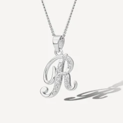 Sterling Silver Script Cubic Zirconia Initial R Pendant