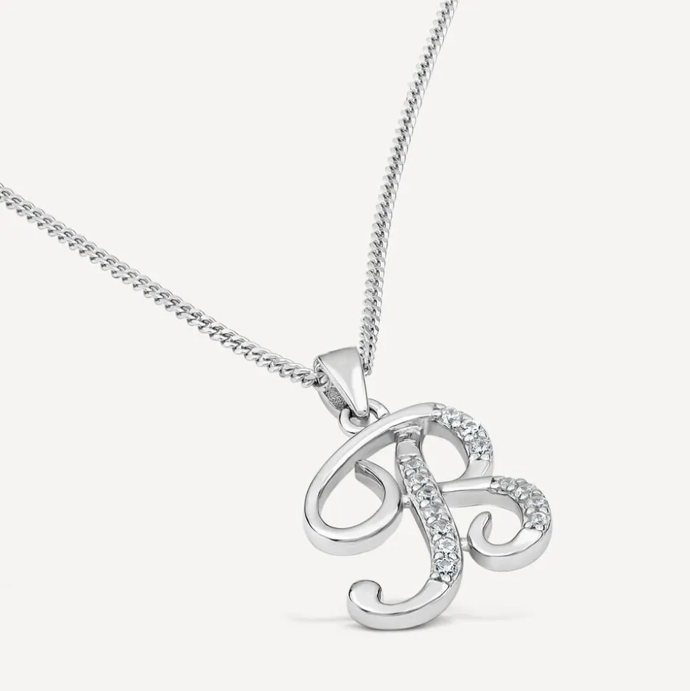 Sterling Silver Script Cubic Zirconia Initial B Pendant