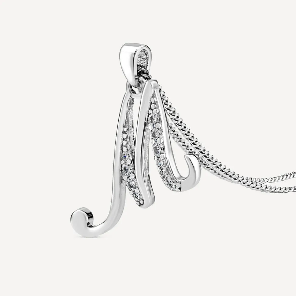Sterling Silver Script Cubic Zirconia Initial M Pendant