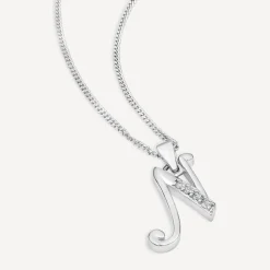 Sterling Silver Script Cubic Zirconia Initial N Pendant