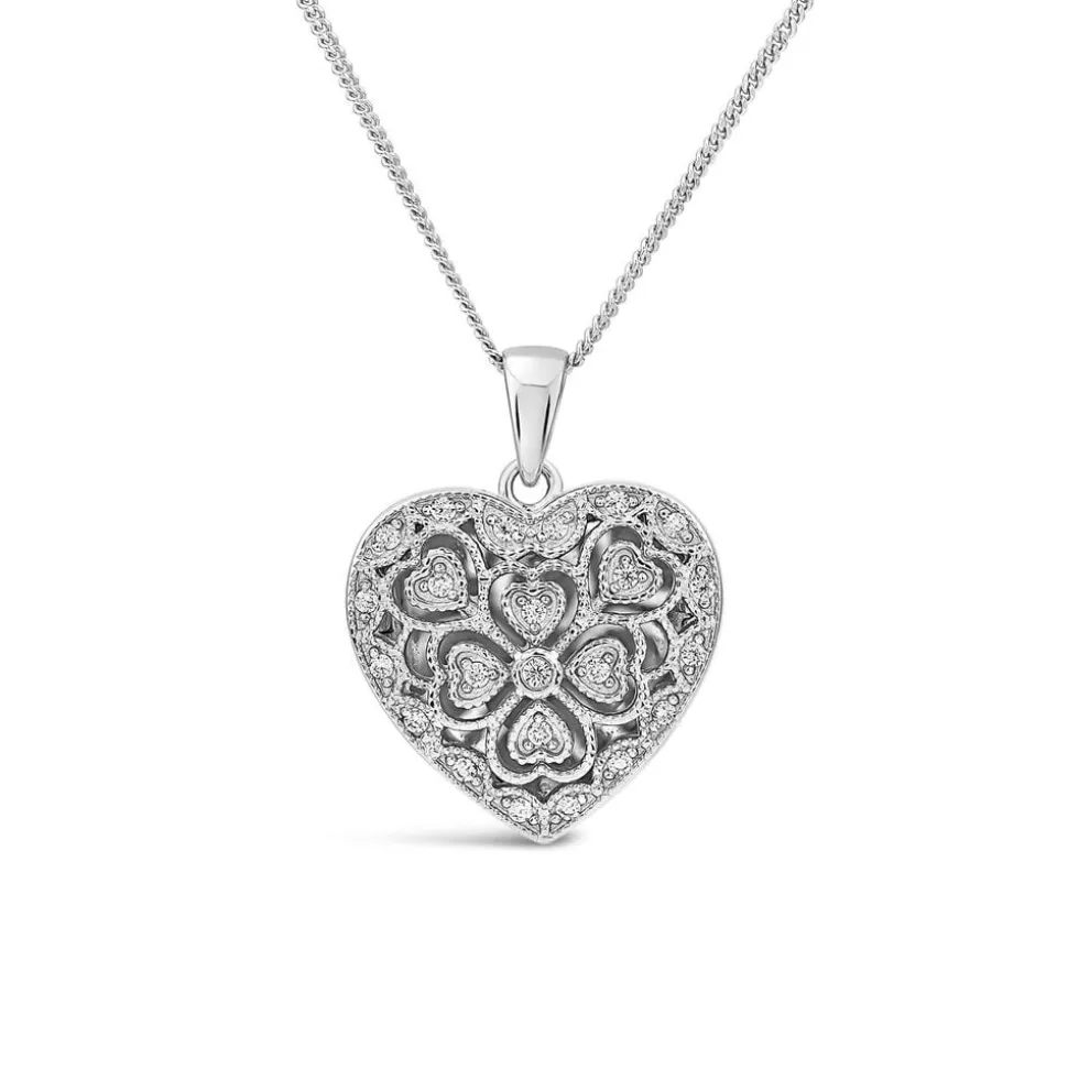 Sterling Silver Small Cubic Zirconia Antique Design Heart Locket Pendant