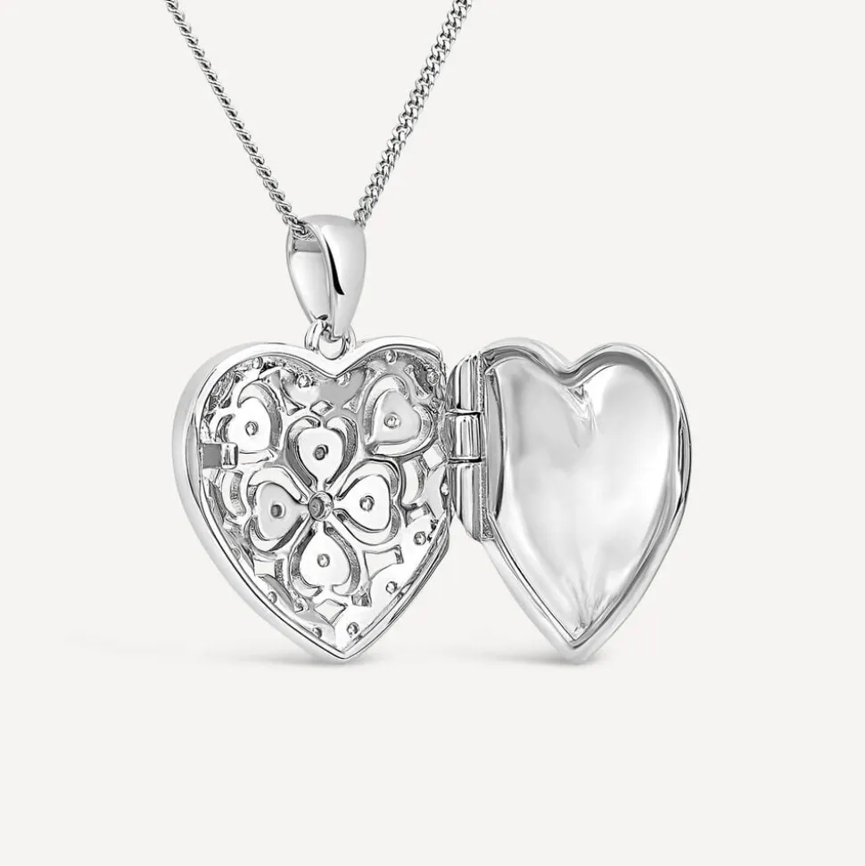 Sterling Silver Small Cubic Zirconia Antique Design Heart Locket Pendant