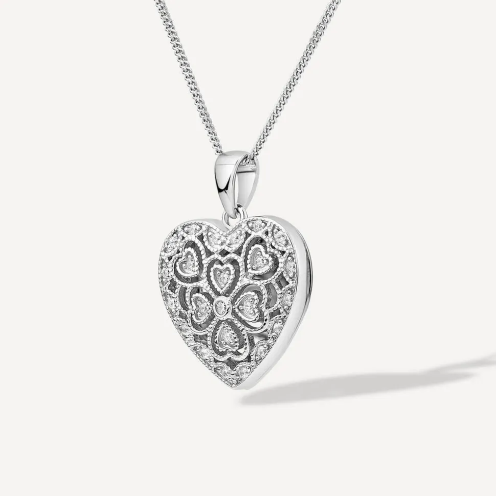 Sterling Silver Small Cubic Zirconia Antique Design Heart Locket Pendant