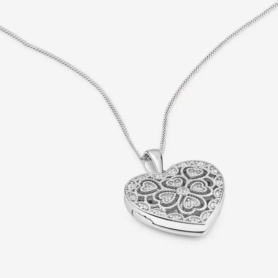 Sterling Silver Small Cubic Zirconia Antique Design Heart Locket Pendant