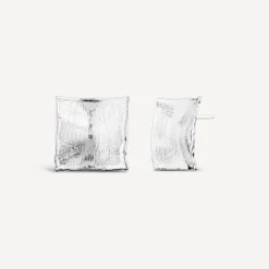 Sterling Silver Square Shaped Hammered & Brushed Finish Stud Earrings