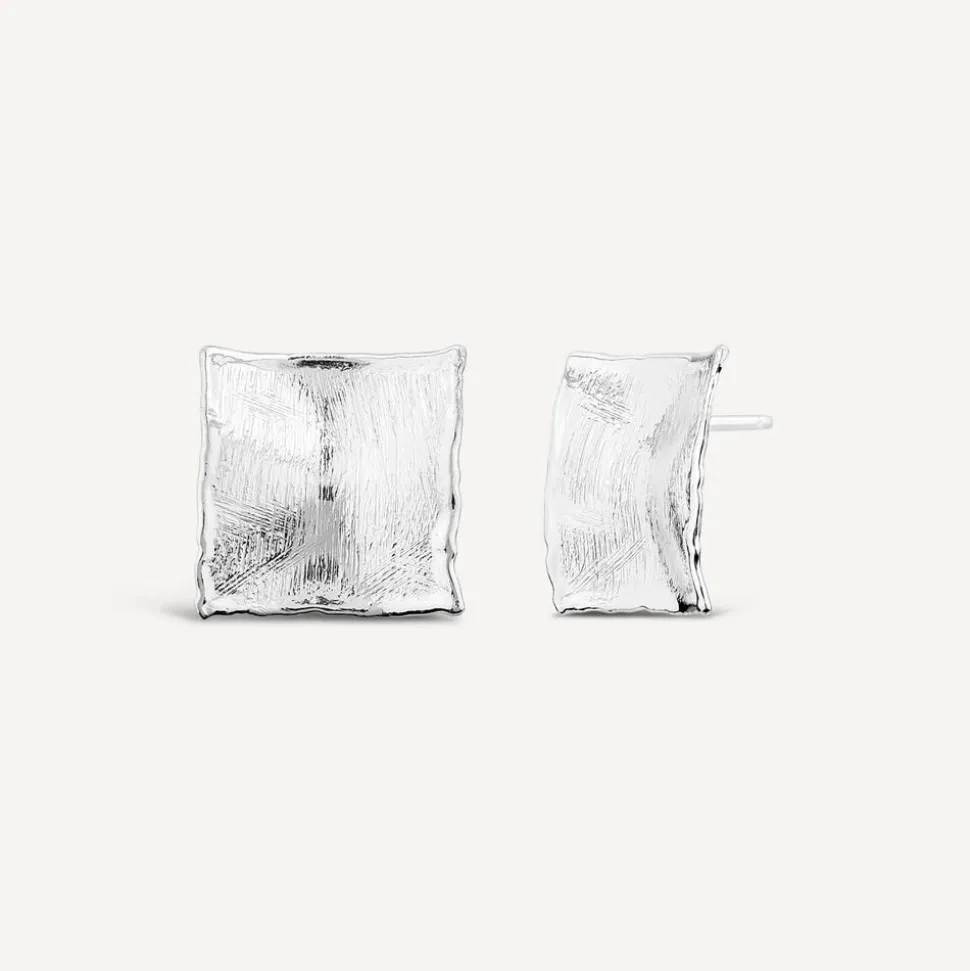 Sterling Silver Square Shaped Hammered & Brushed Finish Stud Earrings