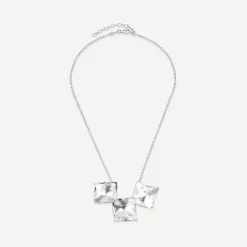 Sterling Silver Square Shaped Hammered & Brushed Finish Pendants Necklet