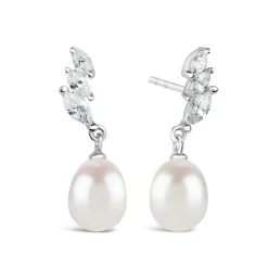 Sterling Silver Three Marquise Cubic Zirconia 3 With forwarding Pearl Drop Earrings