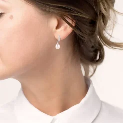 Sterling Silver Three Marquise Cubic Zirconia 3 With forwarding Pearl Drop Earrings