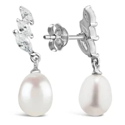 Sterling Silver Three Marquise Cubic Zirconia 3 With forwarding Pearl Drop Earrings