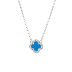 Sterling Silver Turqoise Centre Cubic Zirconia Set Clover Petal Necklet
