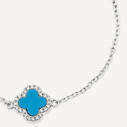 Sterling Silver Turqoise Centre Cubic Zirconia Set Clover Petal Bracelet