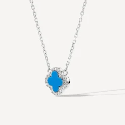 Sterling Silver Turqoise Centre Cubic Zirconia Set Clover Petal Necklet