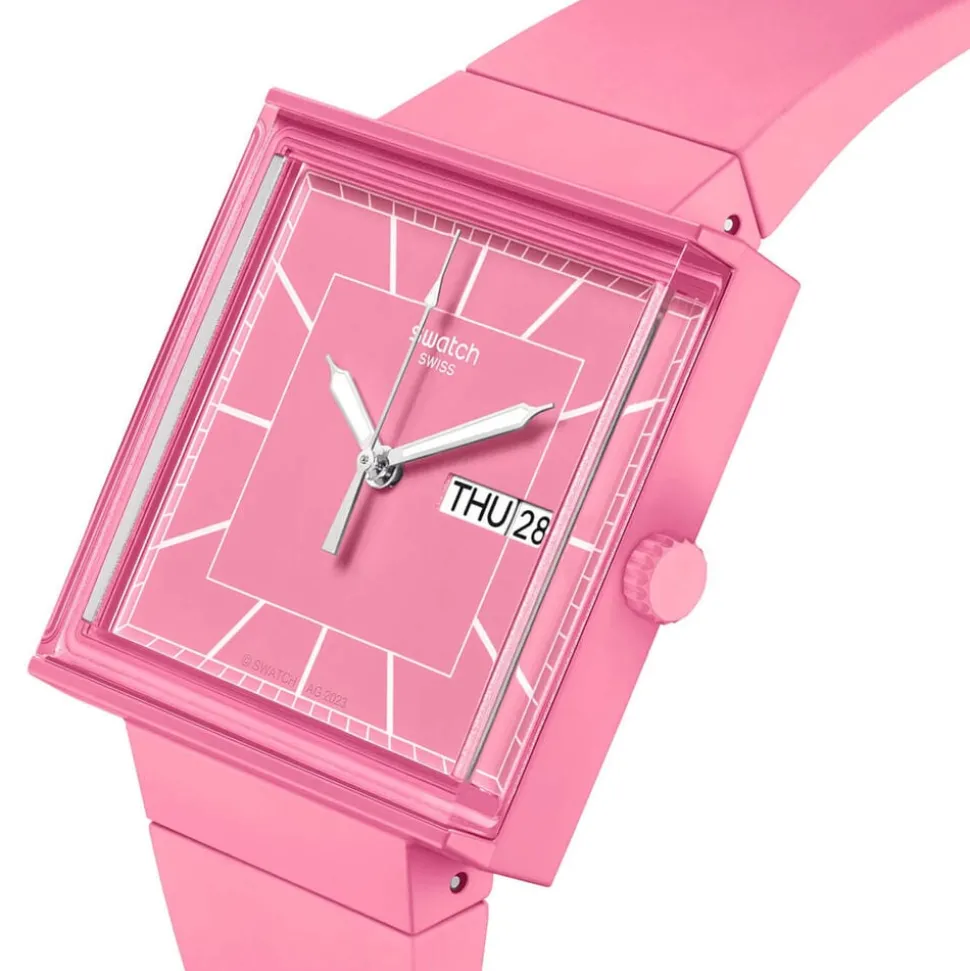 Swatch Bioceramic What If...Rose? Square Dial Pink Strap Watch