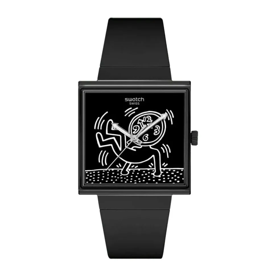 Swatch Break Time 41.8mm Square Black Dial Black Silicone Strap Watch
