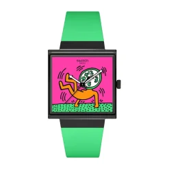 Swatch Break Time 41.8mm Square Multi Colour Dial Green Silicone Strap Watch