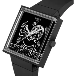Swatch Break Time 41.8mm Square Black Dial Black Silicone Strap Watch