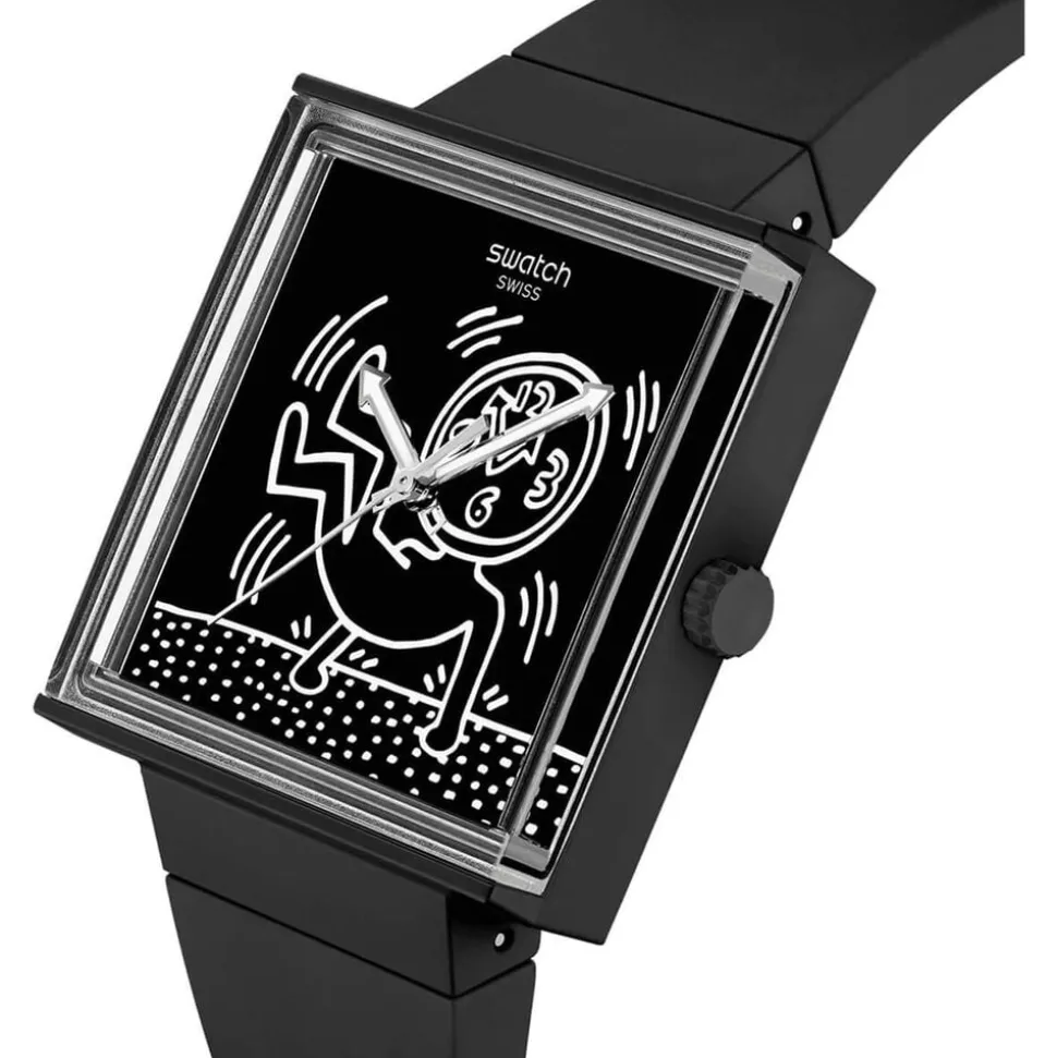 Swatch Break Time 41.8mm Square Black Dial Black Silicone Strap Watch