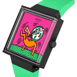 Swatch Break Time 41.8mm Square Multi Colour Dial Green Silicone Strap Watch