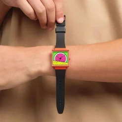 Swatch Break Time 41.8mm Square Multi Colour Dial Black Silicone Strap Watch