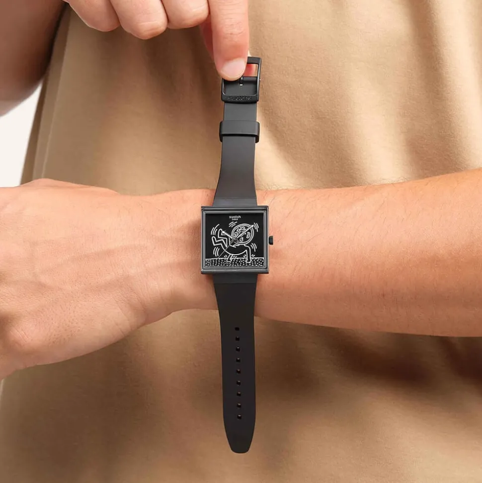 Swatch Break Time 41.8mm Square Black Dial Black Silicone Strap Watch