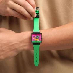 Swatch Break Time 41.8mm Square Multi Colour Dial Green Silicone Strap Watch